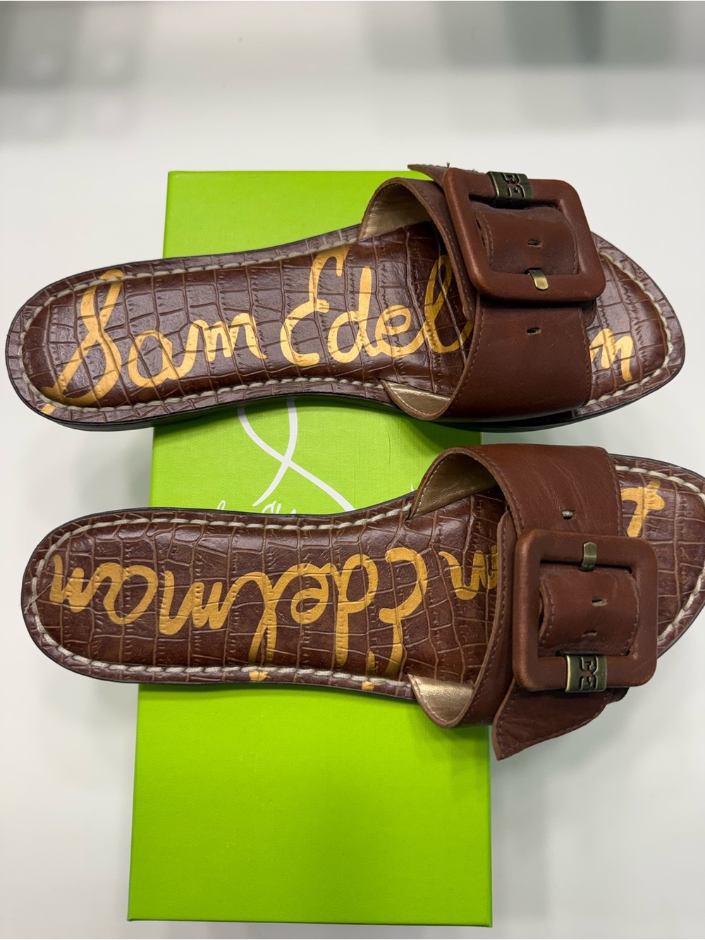 Sam Edelman Brown Croc-Embossed Buckle Slide Sandals - Picture 2 of 5